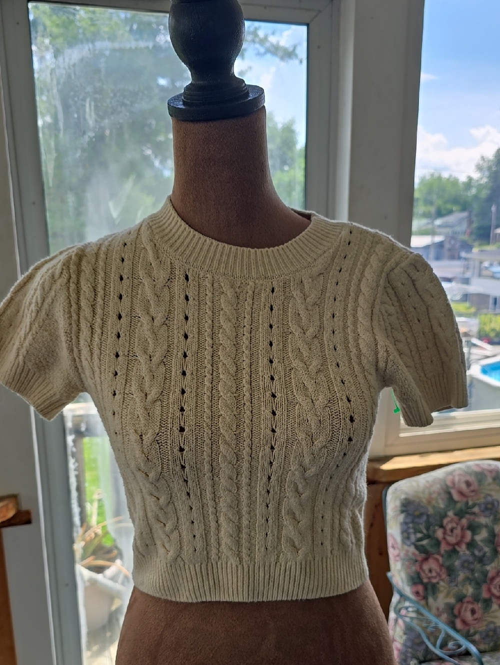 Free People Cream Cable-Knit Short-Sleeve Sweater Small